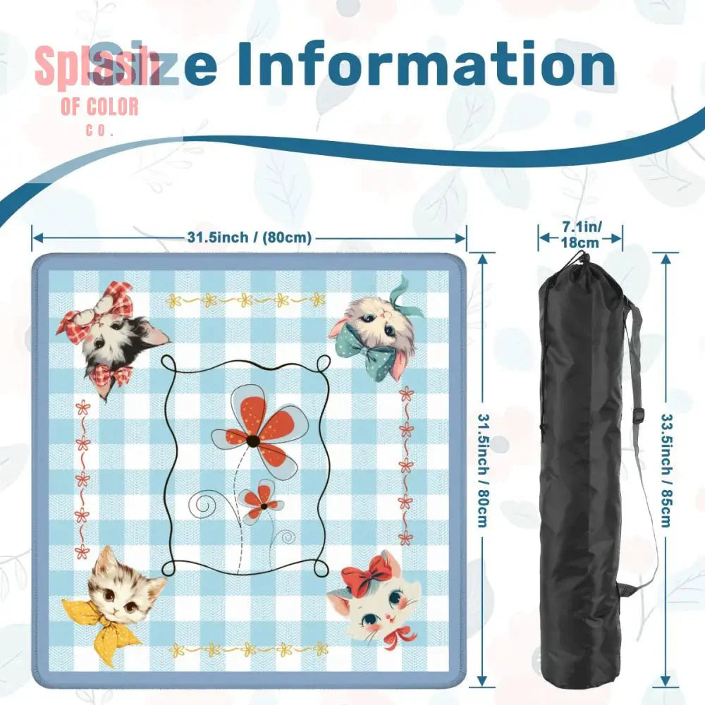 Mahjong Mat Vintage Whimsical Kittens, Blue White Gingham Preppy Check Mahj Mat