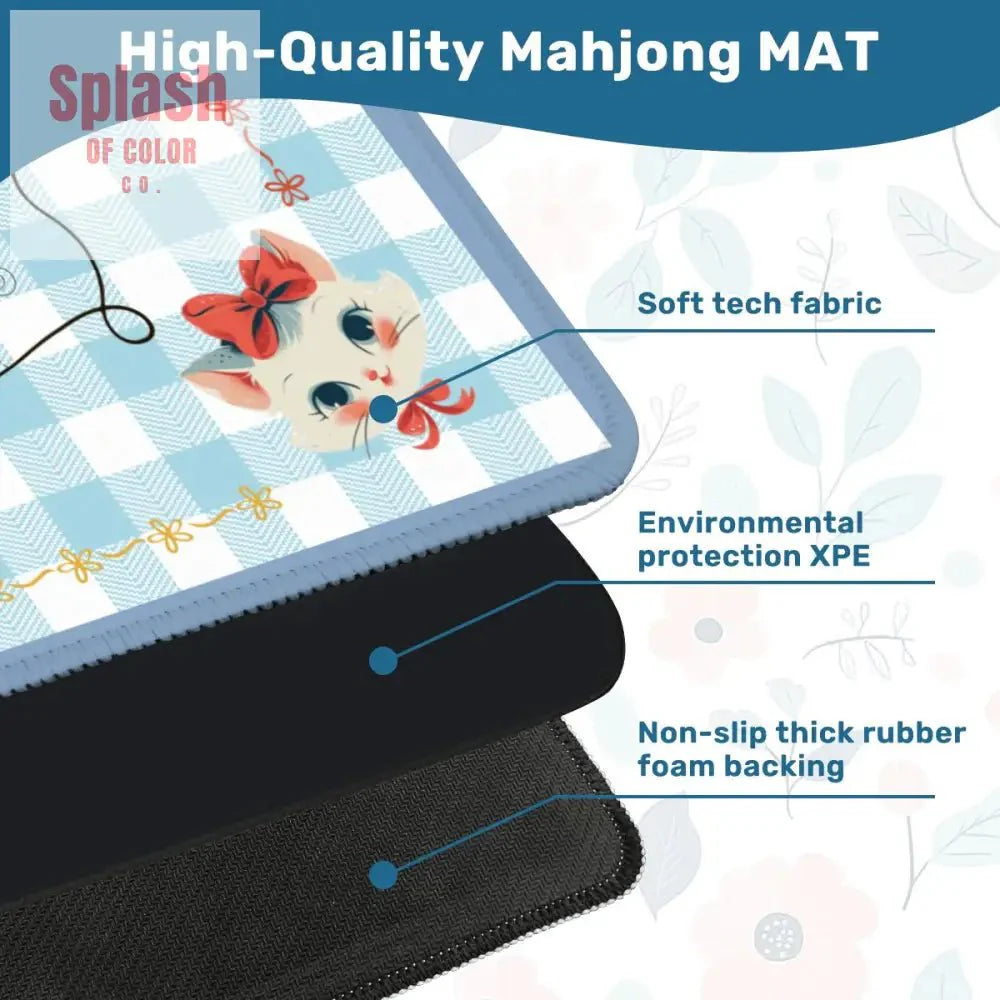 Mahjong Mat Vintage Whimsical Kittens, Blue White Gingham Preppy Check Mahj Mat