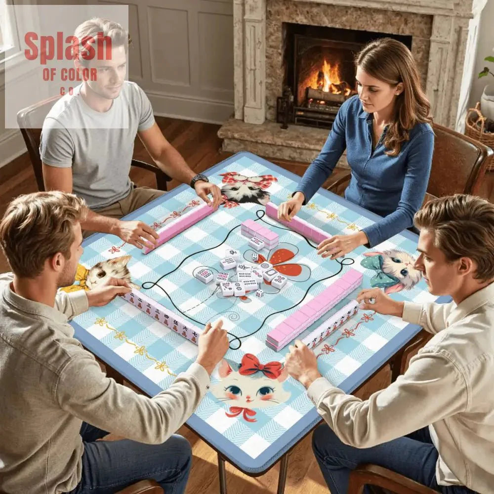 Mahjong Mat Vintage Whimsical Kittens, Blue White Gingham Preppy Check Mahj Mat