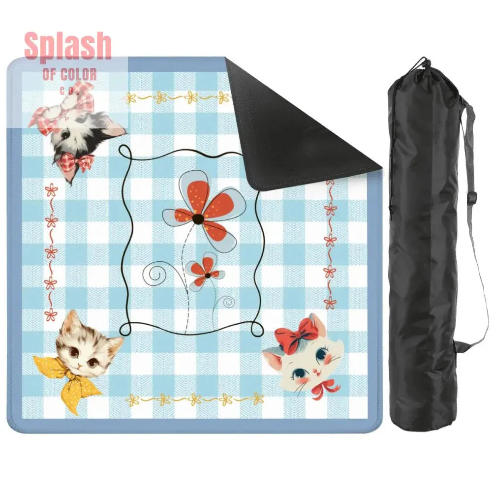 Mahjong Mat Vintage Whimsical Kittens, Blue White Gingham Preppy Check Mahj Mat