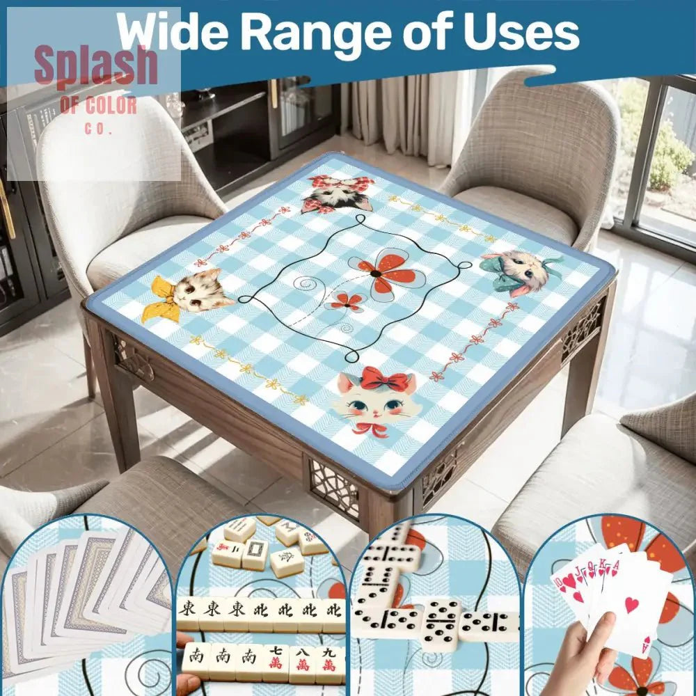 Mahjong Mat Vintage Whimsical Kittens, Blue White Gingham Preppy Check Mahj Mat
