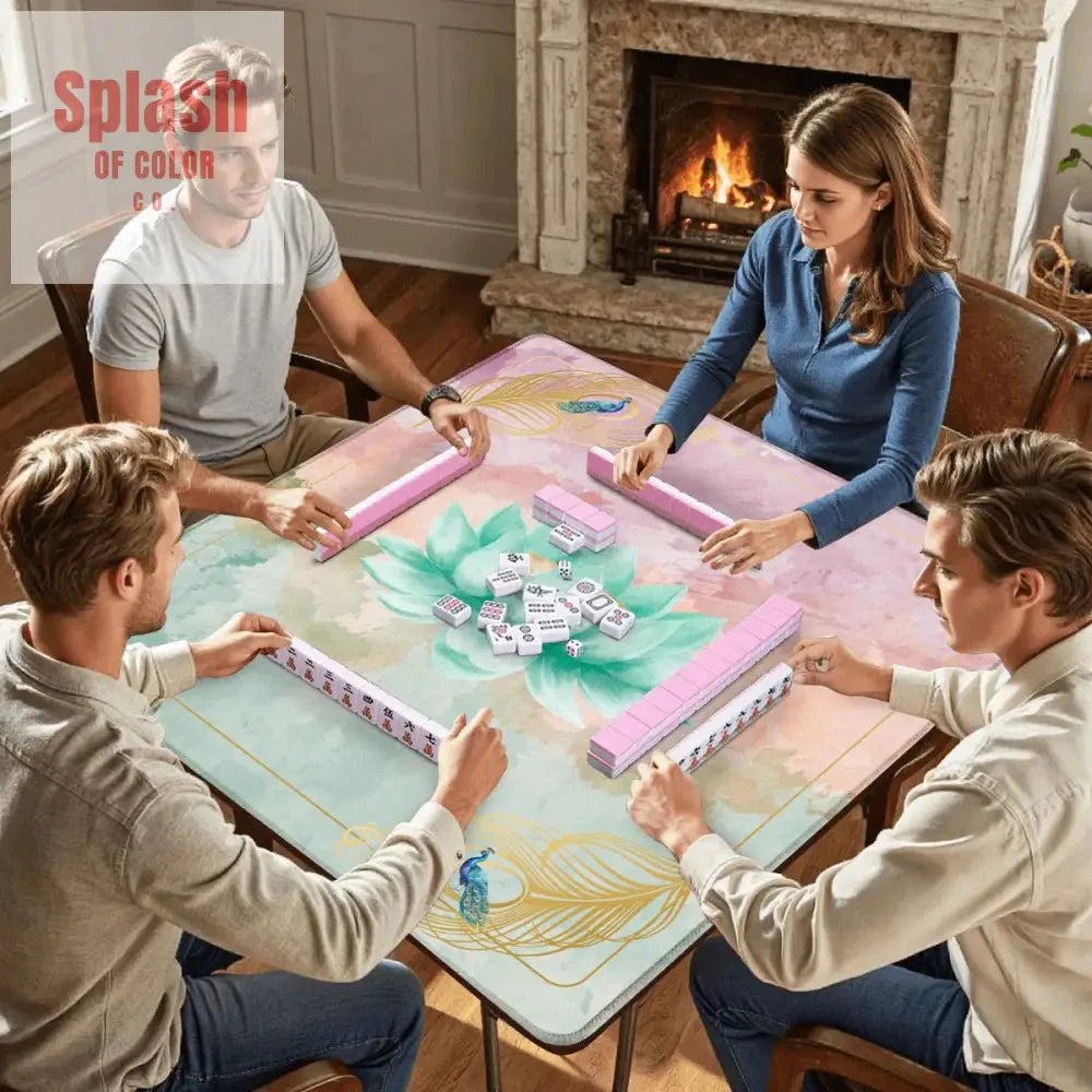 Mahjong Mat Watercolor Peacock Lotus Flower Mahj Mat Coordinates With Sierra Mahj Tile Set