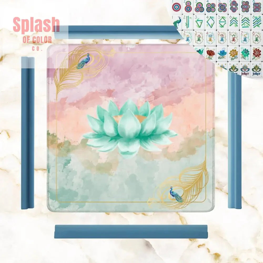 Mahjong Mat Watercolor Peacock Lotus Flower Mahj Mat Coordinates With Sierra Mahj Tile Set