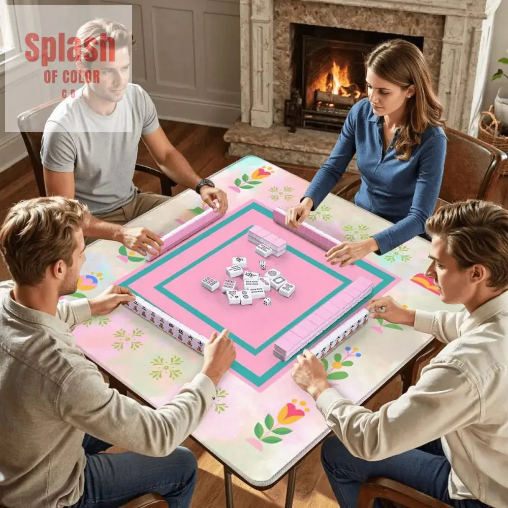 Mahjong Mat, Watercolor Preppy Pink Green Teal Scandinavian Floral Mahj Mat