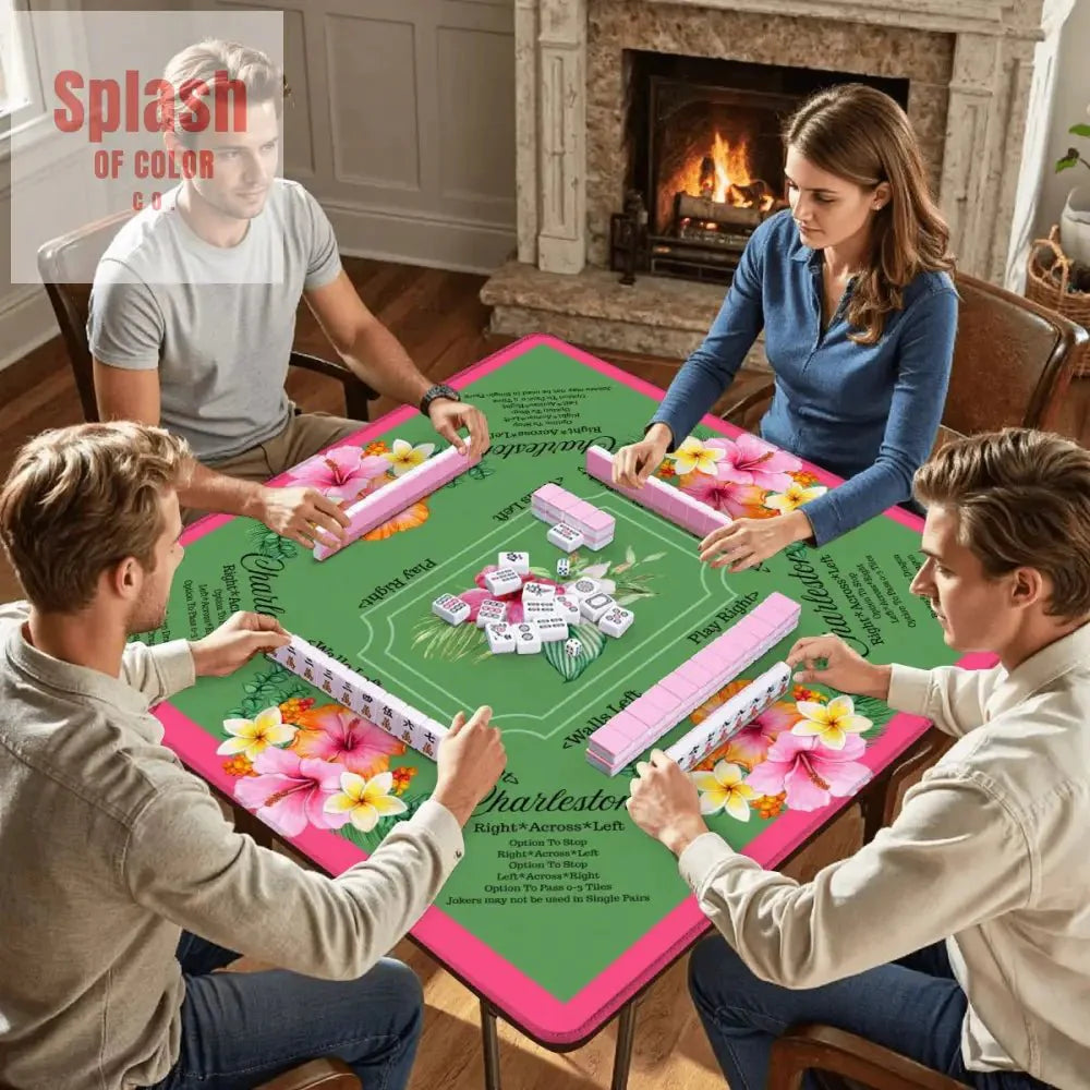 Mahjong Mat With Instructions, Preppy Pink, Green Charleston Tropical Mahjong Game Mat