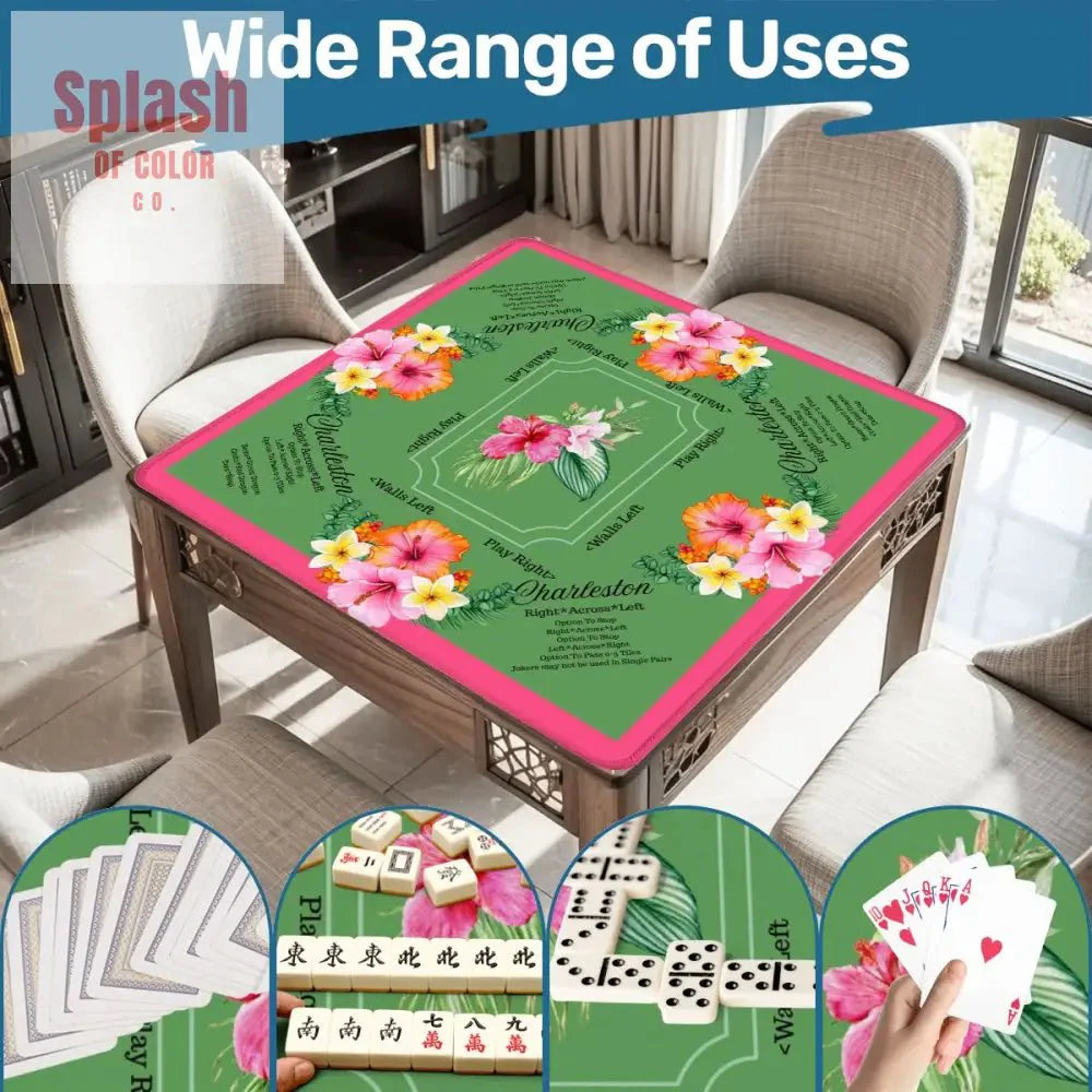 Mahjong Mat With Instructions, Preppy Pink, Green Charleston Tropical Mahjong Game Mat