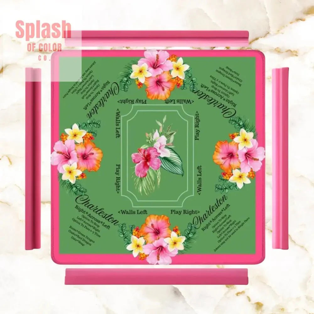 Mahjong Mat With Instructions, Preppy Pink, Green Charleston Tropical Mahjong Game Mat