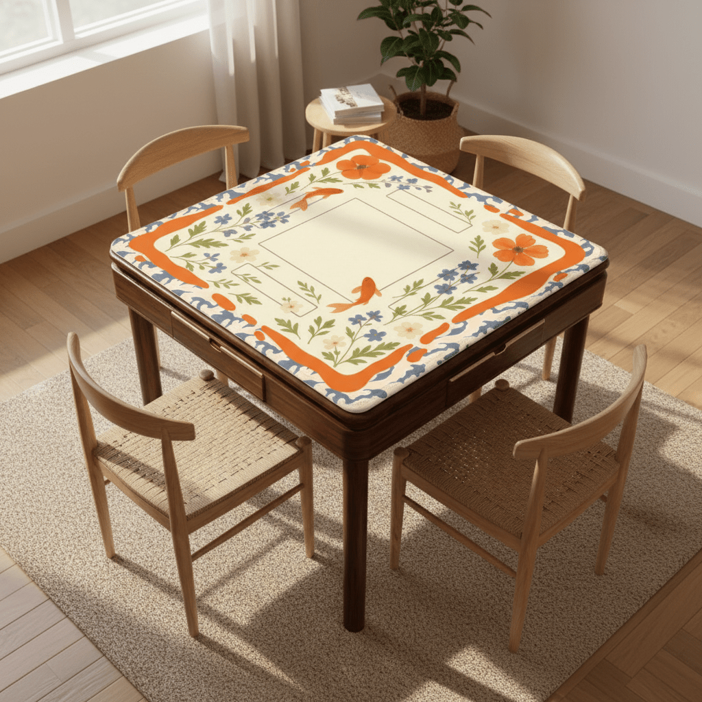Floating Garden, Orange, Periwinkle Blue Floral Fish Mahjong Mat