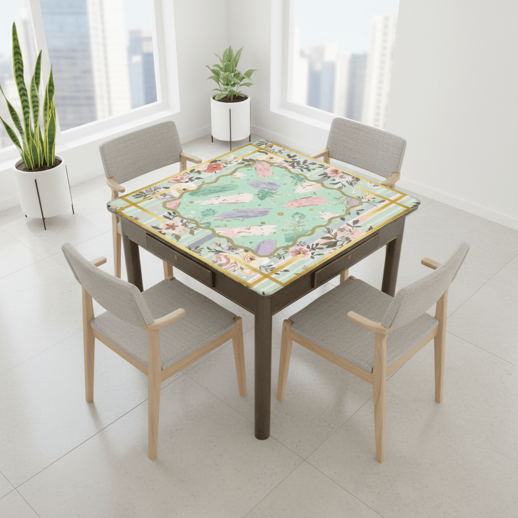 Pastel Preppy Floral, Abstract Watercolor Green, Pink Gold Accented Mahjong Mat