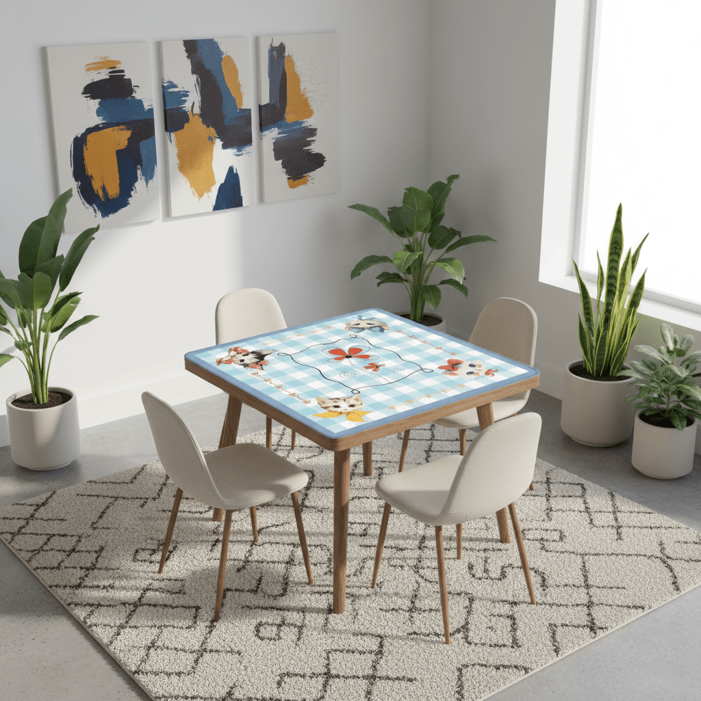 Mahjong Mat Vintage Whimsical Kittens, Blue White Gingham Preppy Check Mahj Mat