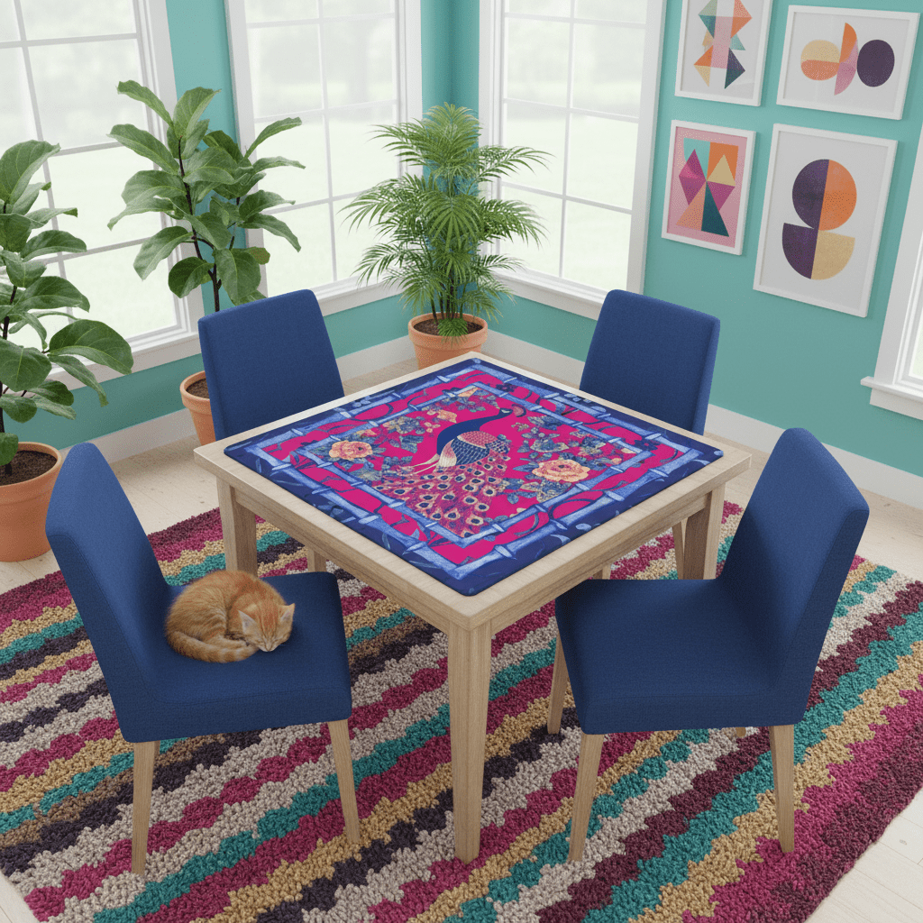 Mahjong Mat, Royal Blue, Fushcia Pink Floral Peacock Mahj Game Mat