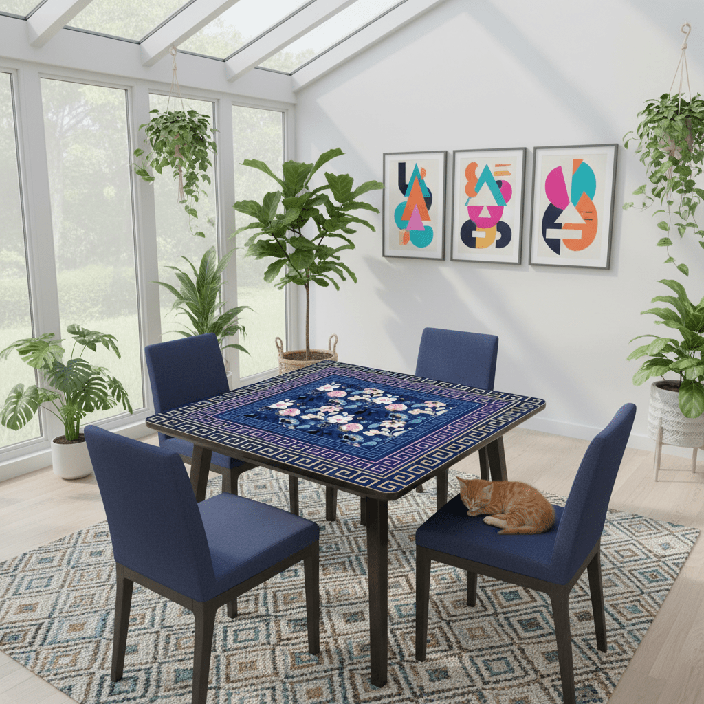 Mahjong Mat Royal Blue Pink Floral Heritage Greek Key Border Preppy Mahj Game Mat