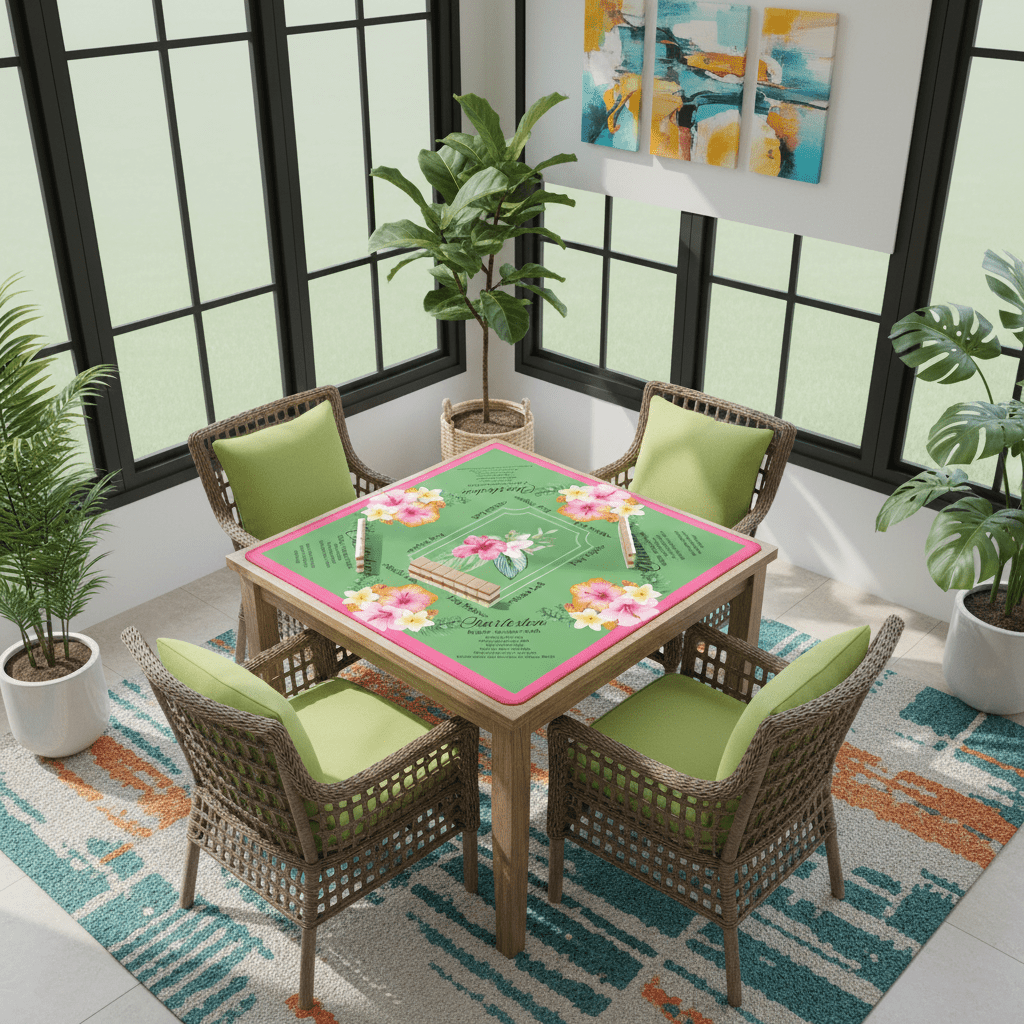 Mahjong Mat With Instructions, Preppy Pink, Green Charleston Tropical Mahjong Game Mat