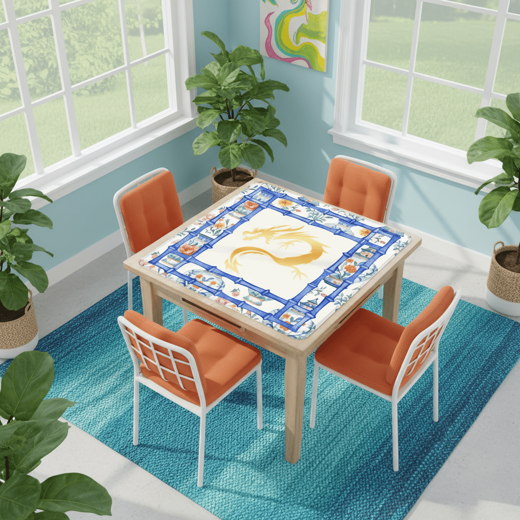 Asian Dragon Chinoiserie Designed Blue White, Mahjong Mat
