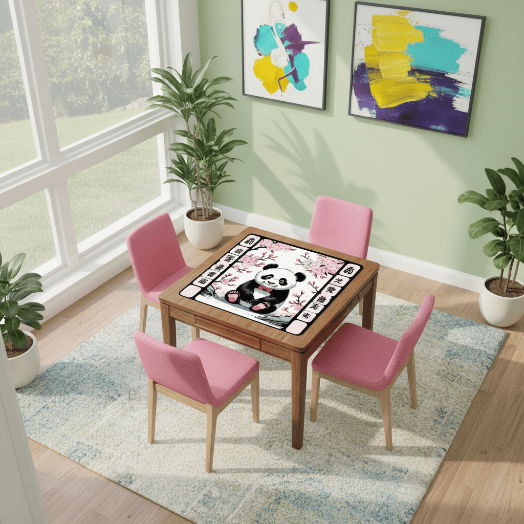 Asian Panda Bear Black Pink Cherry Blossom Mahjong Mat