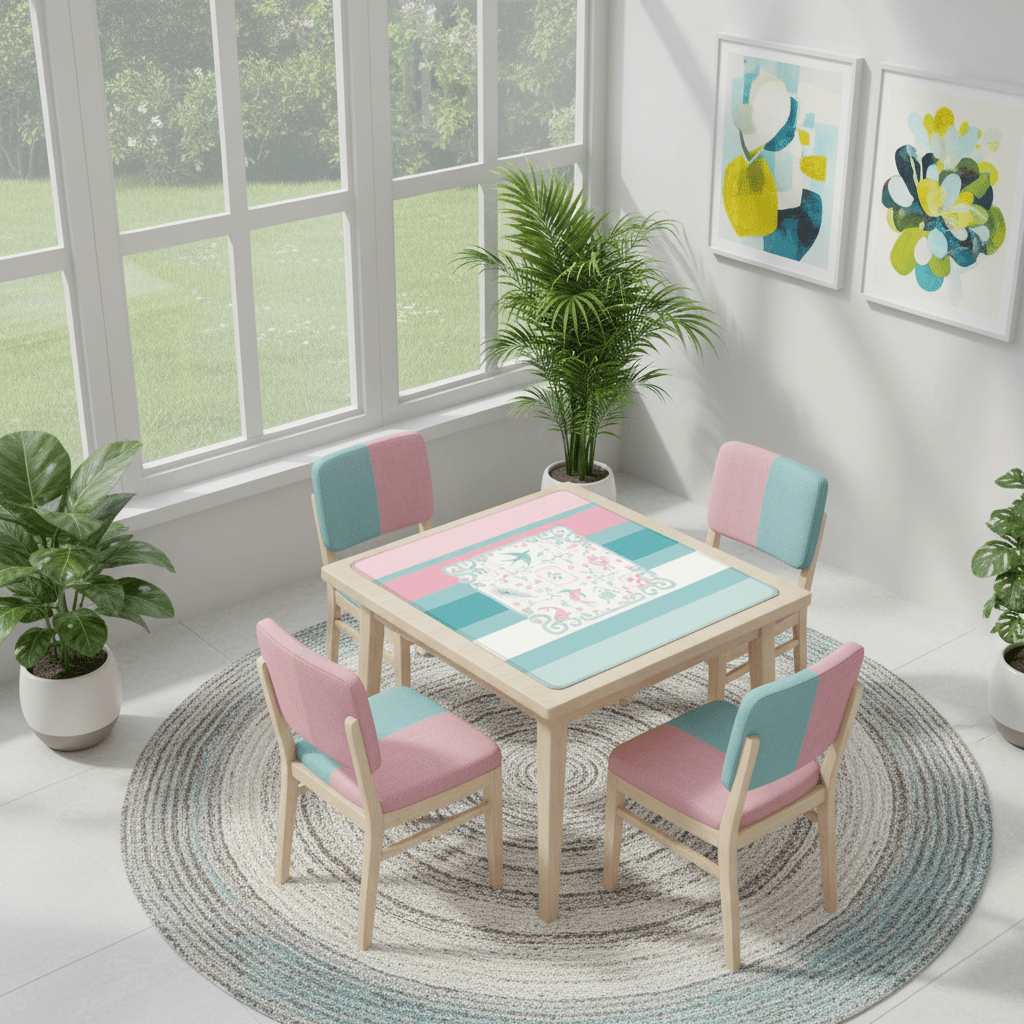 Mahjong Mat Preppy Pink Teal Blue, Watercolor Tile Floral Game Mat