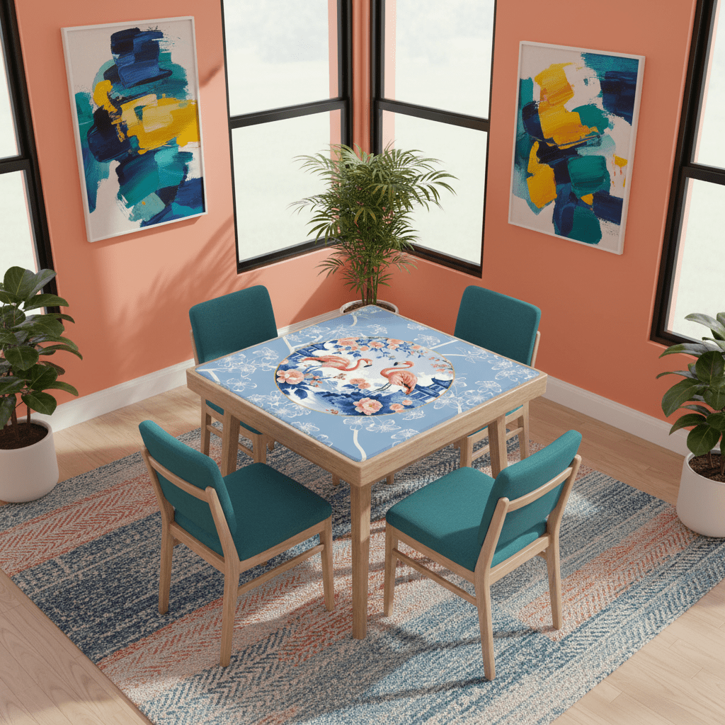 Mahjong Mat Floral Cherry Blossoms, Pagoda Flamingos In Paradise Mahj Mat