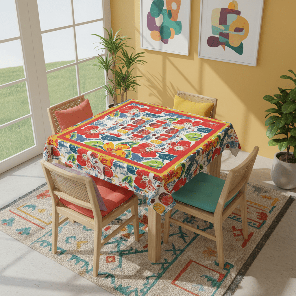 Mahjong Mat Floral Heritage Burst Of Color, Red, Teal Orange Green Tropical Mahj Mat