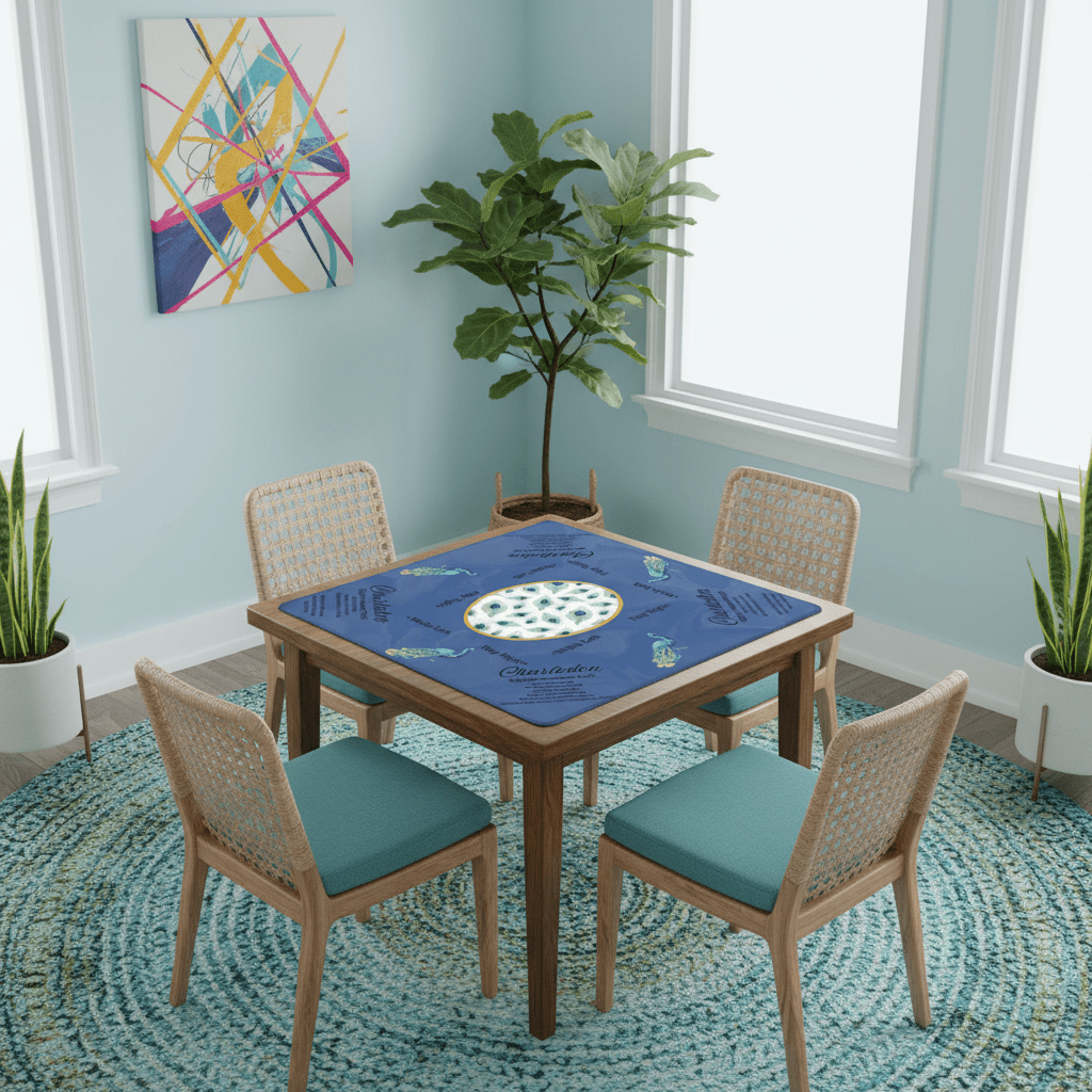 Marble Blue Mahjong Mat, Elegant Peacock Floral Instructional Mahj Game Mat