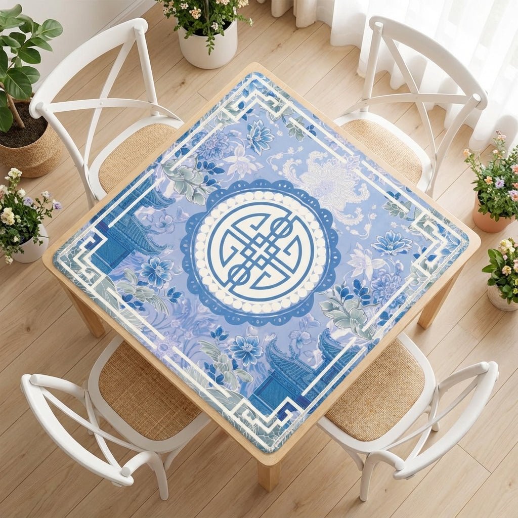 Asian Blue Chinoiserie Mahjong in the Moon Garden Mahjong Mat