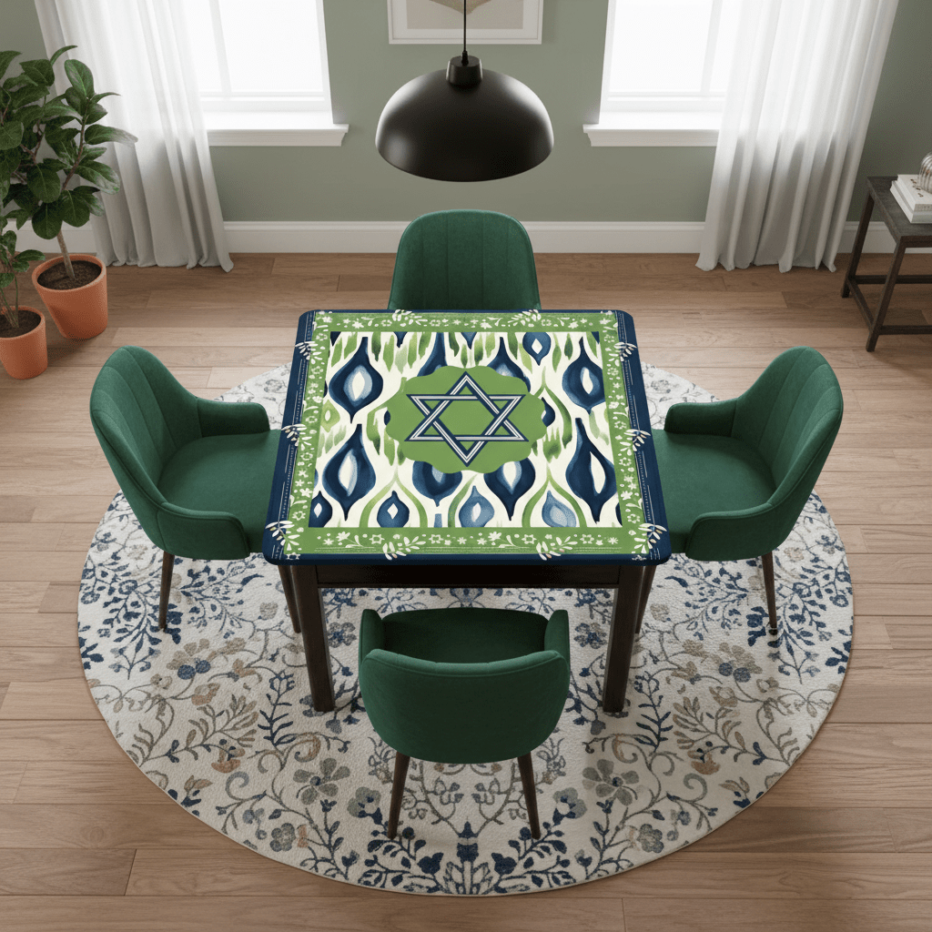 The Star Of David Jewish Watercolor Ikat, Green, Blue Mahjong Mat