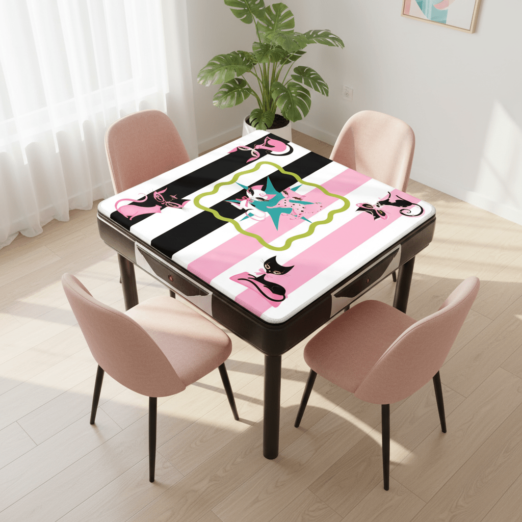 Whimsical Kitty Land, Pink Black Feline Fine Mahjong Mat