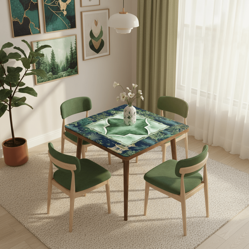 Asian Chinoiserie Tranquil Zen Pagoda Floral Mahjong Mat In Blue And Green