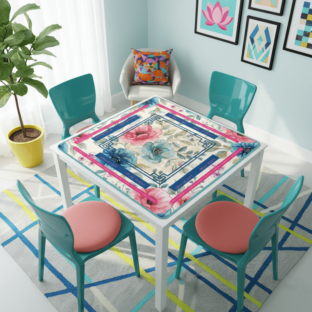 Asian Floral Mahjong Mat, Instructional Pink, Aqua, Blue Mahj Game Mat