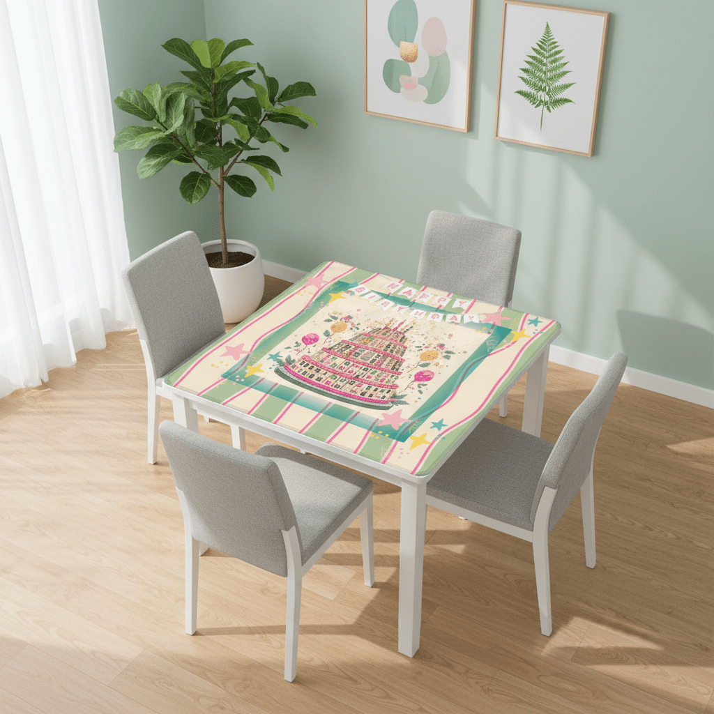 Happy Birthday Mahjong Mat, Tiered Mahjong Cake, Whimsical Pink Green Striped