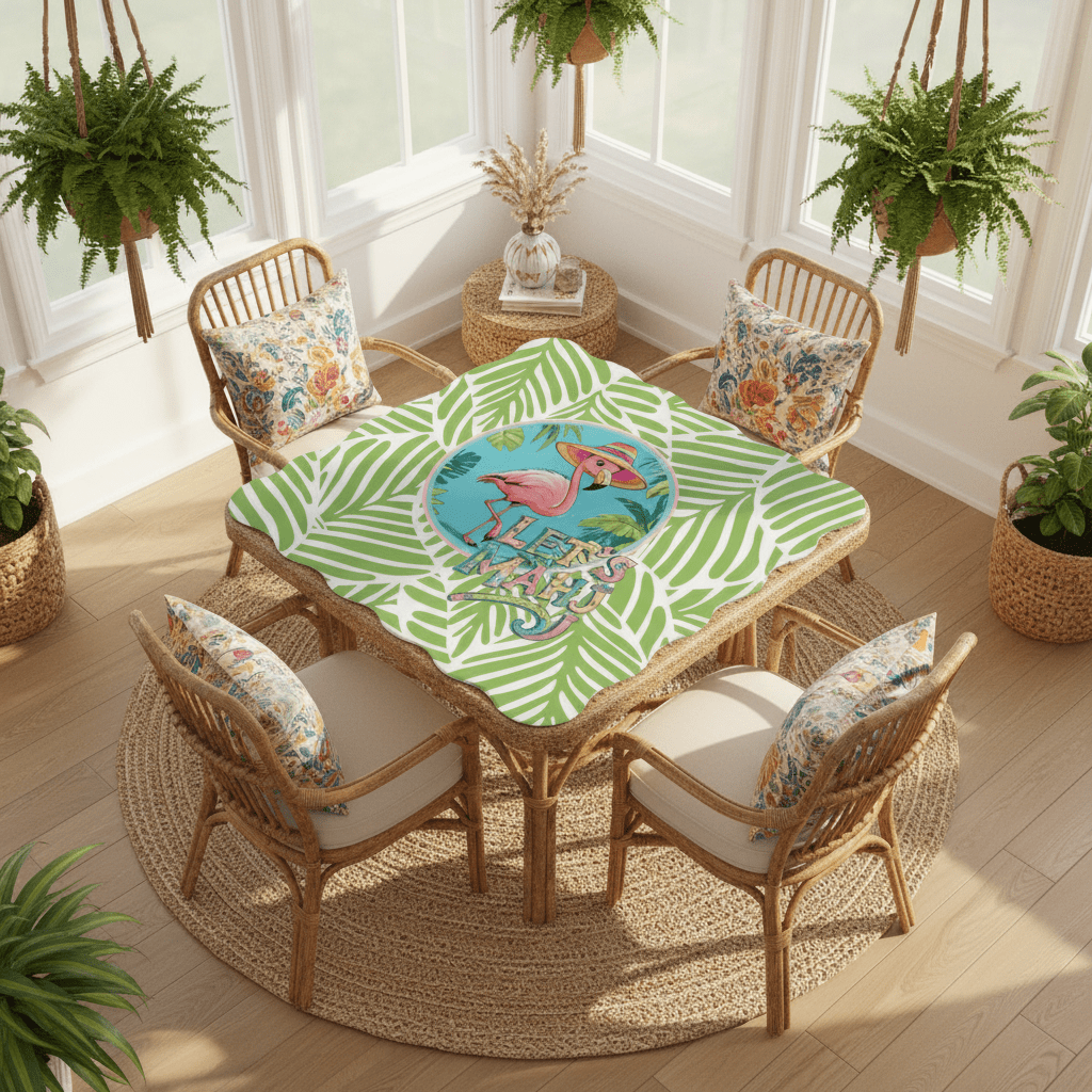 Tropical Flamingo Green And Pink Scalloped Mahjong Mat