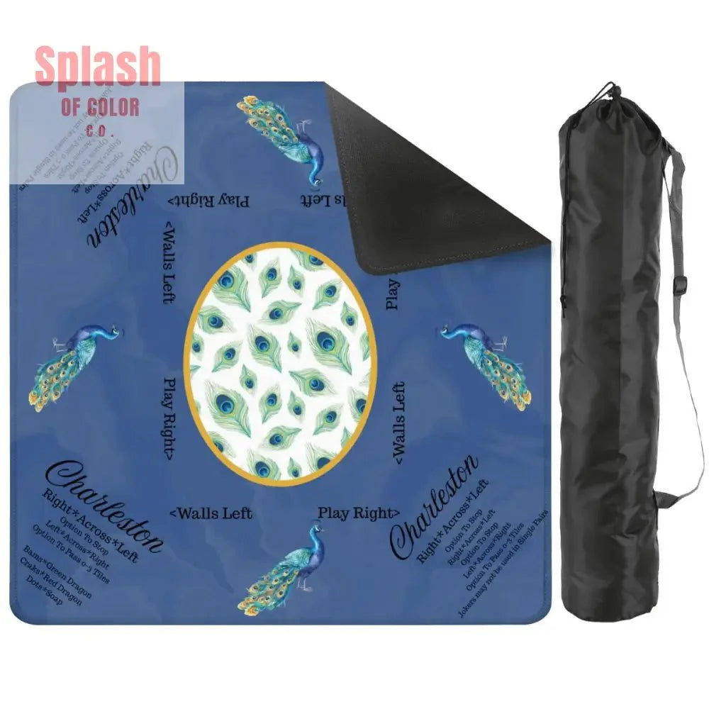 Marble Blue Mahjong Mat, Elegant Peacock Floral Instructional Mahj Game Mat