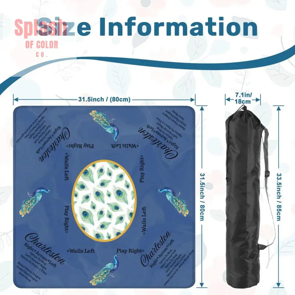 Marble Blue Mahjong Mat, Elegant Peacock Floral Instructional Mahj Game Mat