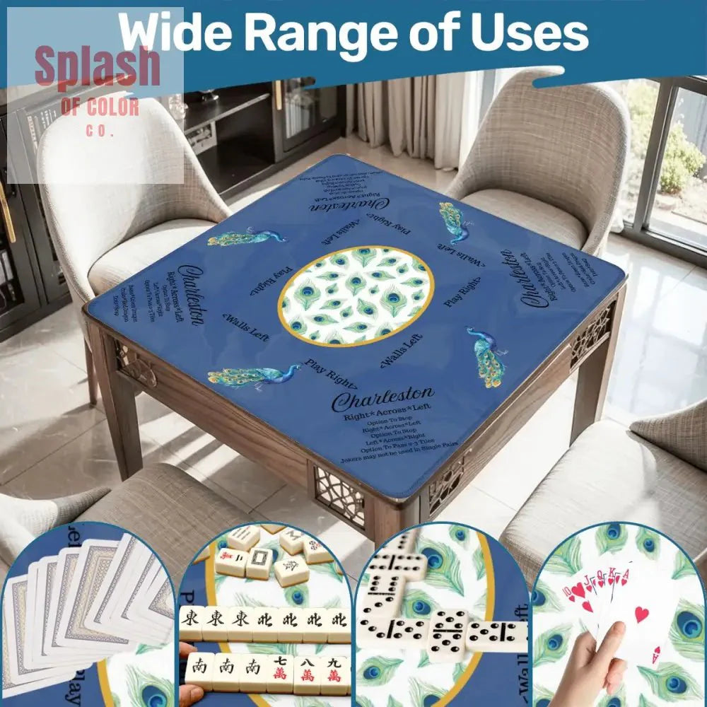 Marble Blue Mahjong Mat, Elegant Peacock Floral Instructional Mahj Game Mat