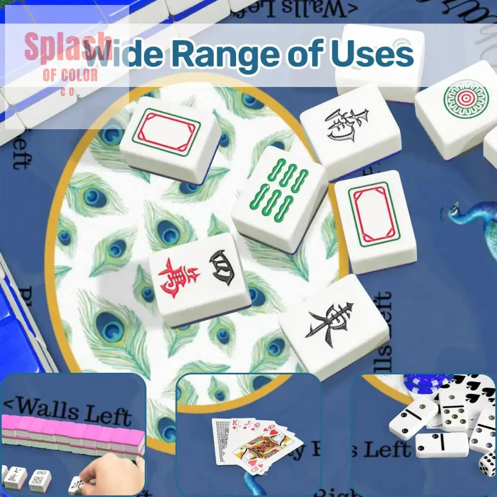 Marble Blue Mahjong Mat, Elegant Peacock Floral Instructional Mahj Game Mat