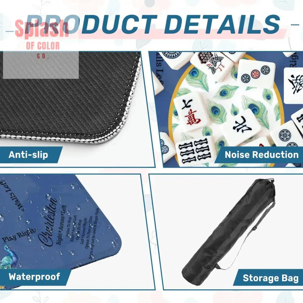 Marble Blue Mahjong Mat, Elegant Peacock Floral Instructional Mahj Game Mat