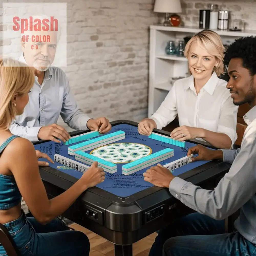 Marble Blue Mahjong Mat, Elegant Peacock Floral Instructional Mahj Game Mat