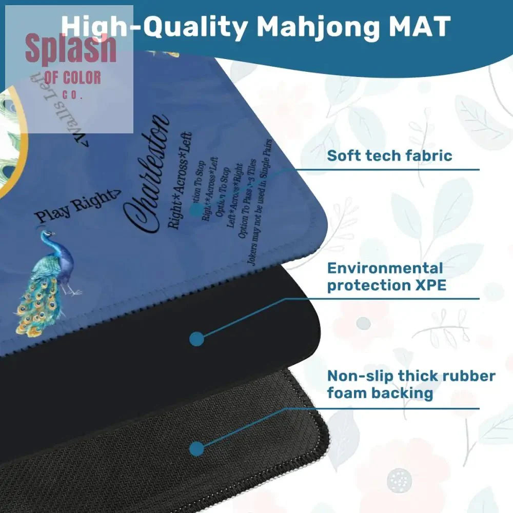 Marble Blue Mahjong Mat, Elegant Peacock Floral Instructional Mahj Game Mat