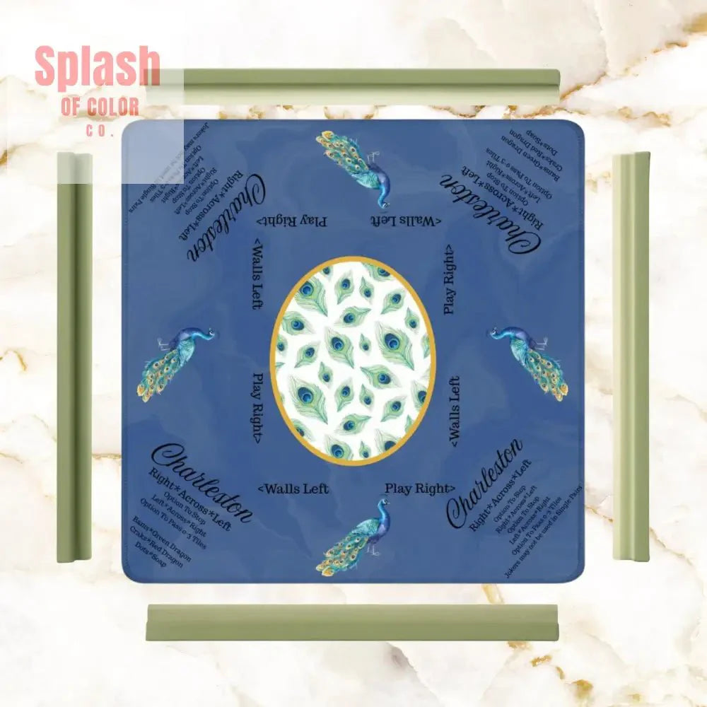 Marble Blue Mahjong Mat, Elegant Peacock Floral Instructional Mahj Game Mat