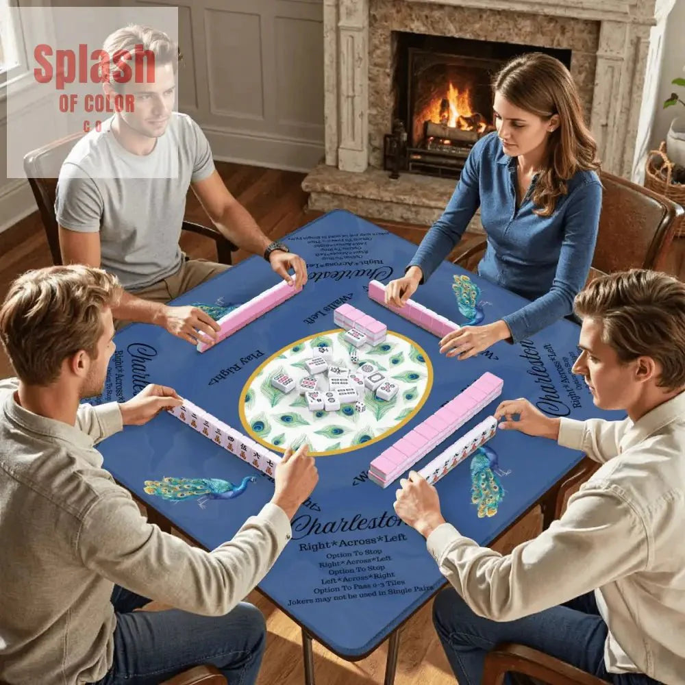 Marble Blue Mahjong Mat, Elegant Peacock Floral Instructional Mahj Game Mat
