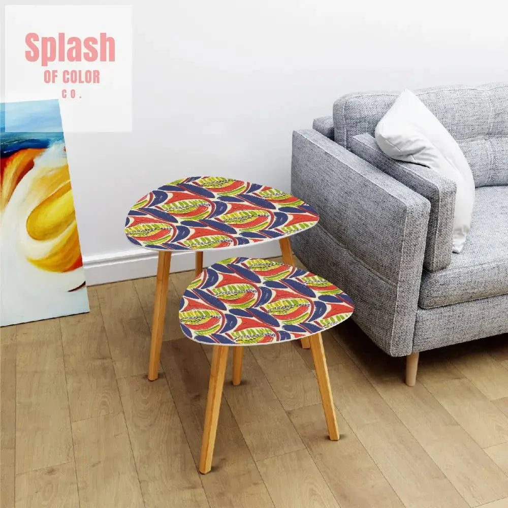 Modern Heritage Abstract Coral Blue, Citrus Green Nesting Tables Triangle Coffee Tables