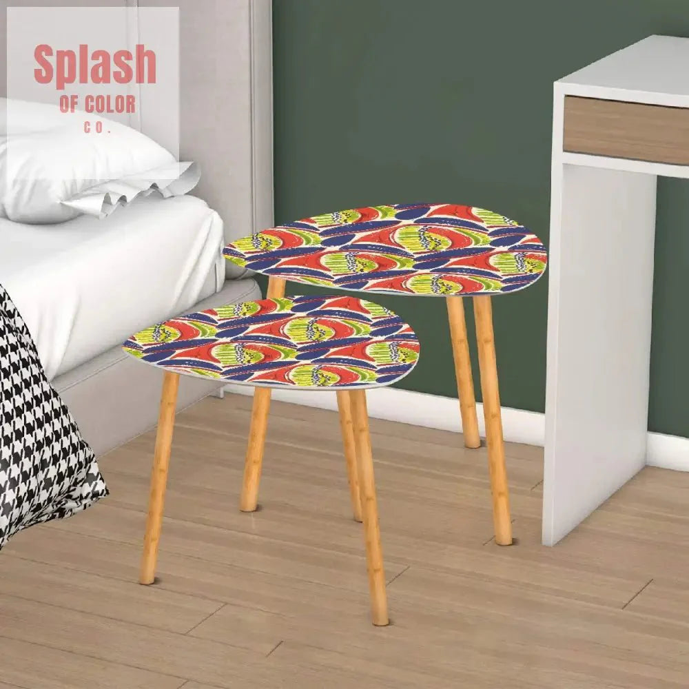 Modern Heritage Abstract Coral Blue, Citrus Green Nesting Tables Triangle Coffee Tables