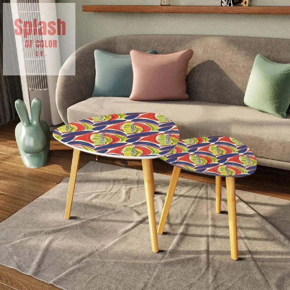 Modern Heritage Abstract Coral Blue, Citrus Green Nesting Tables Triangle Coffee Tables