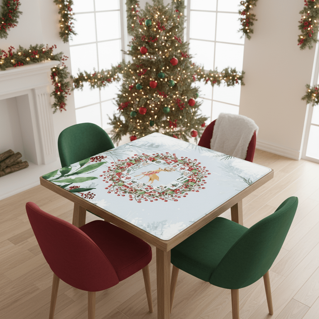 Christmas Mahjong Mat, Mahjong Tile Wreath Festive Winter Season Mahj Game Night Mat