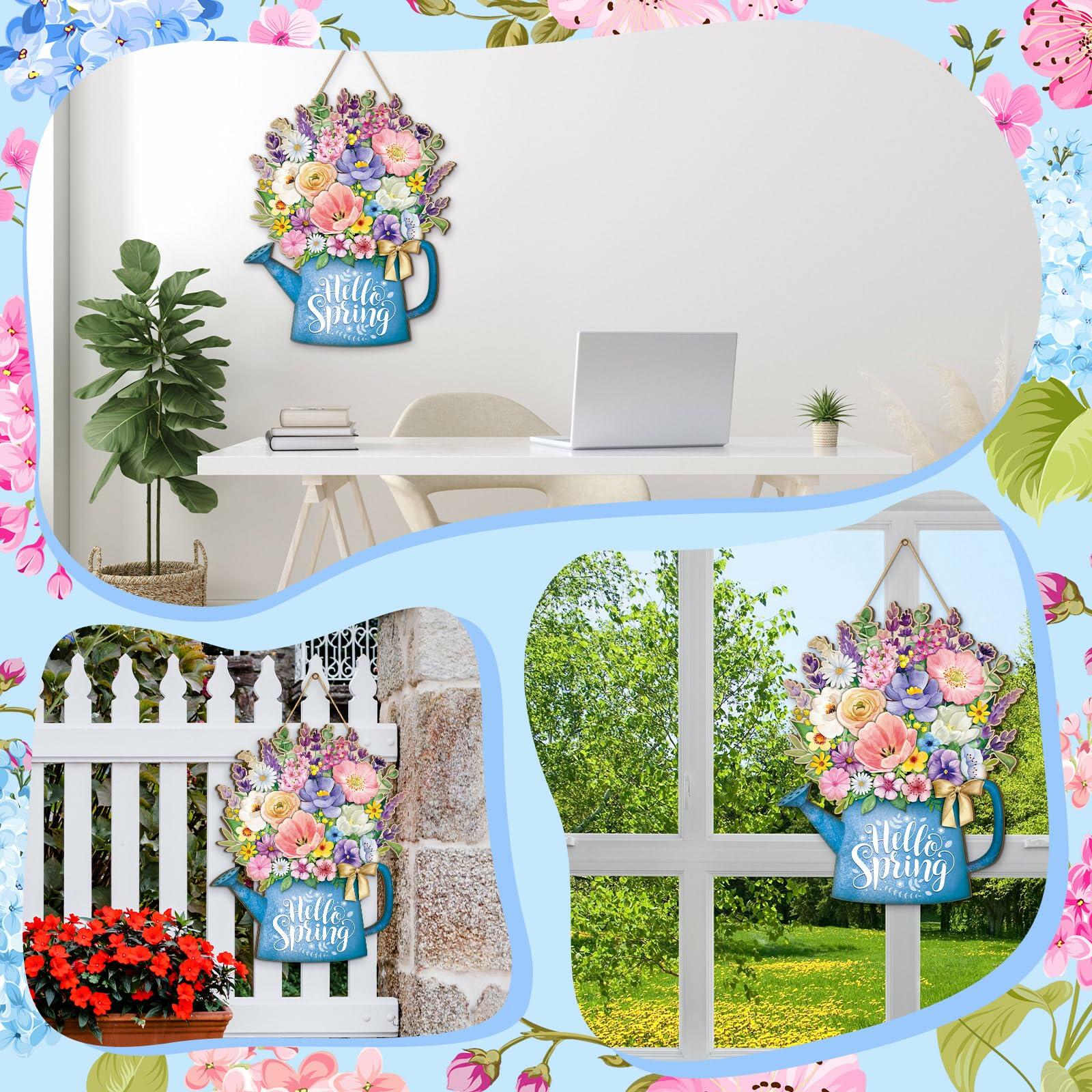 Spring Door Decor Wreath 12.4x10in Hello Spring Wooden Porch Sign