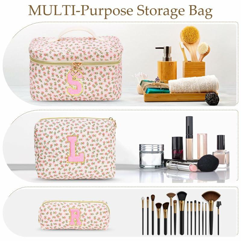 DOSUKE 3 PCS Travel Makeup Bag Set Floral Quilted Cotton Flower