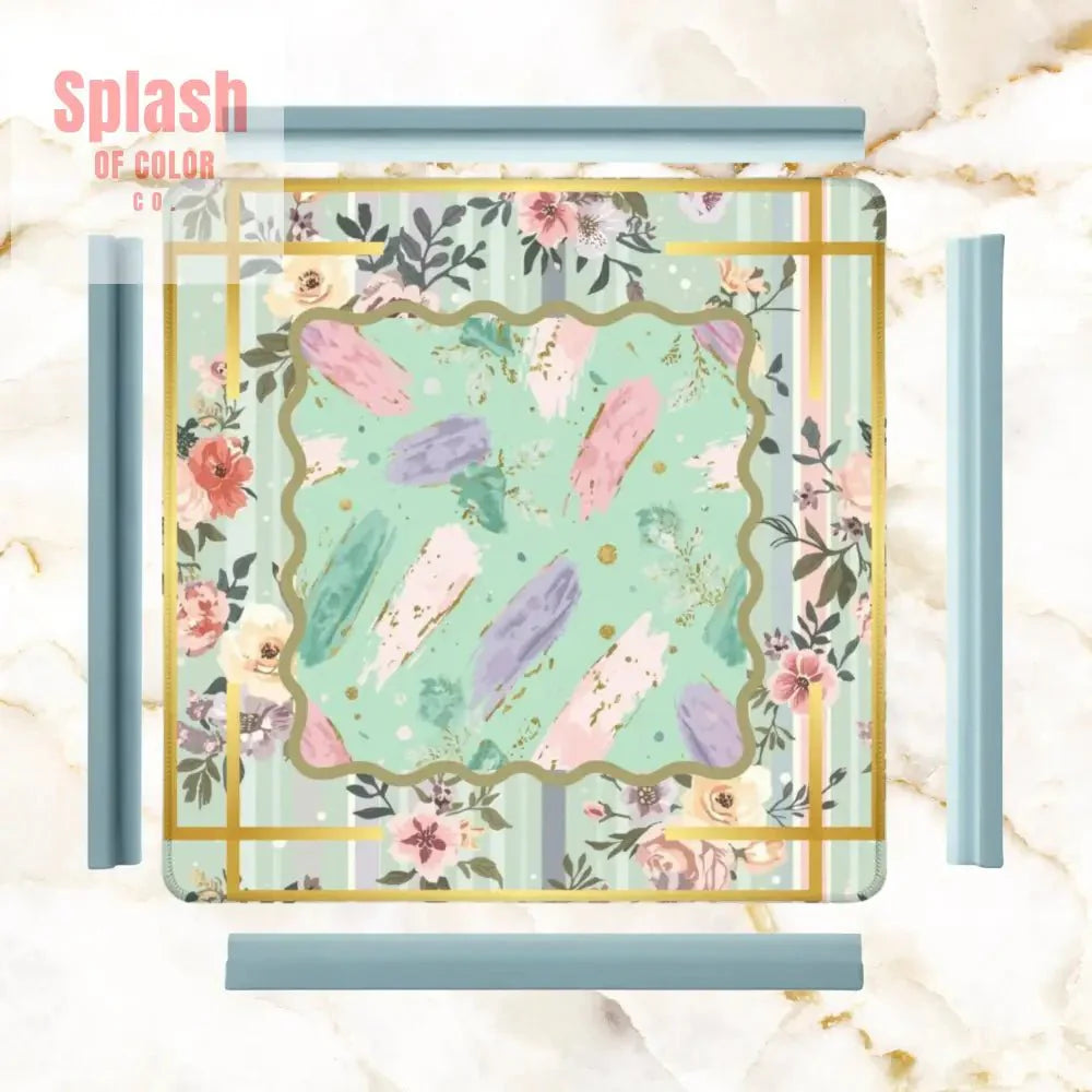 Pastel Preppy Floral, Abstract Watercolor Green, Pink Gold Accented Mahjong Mat