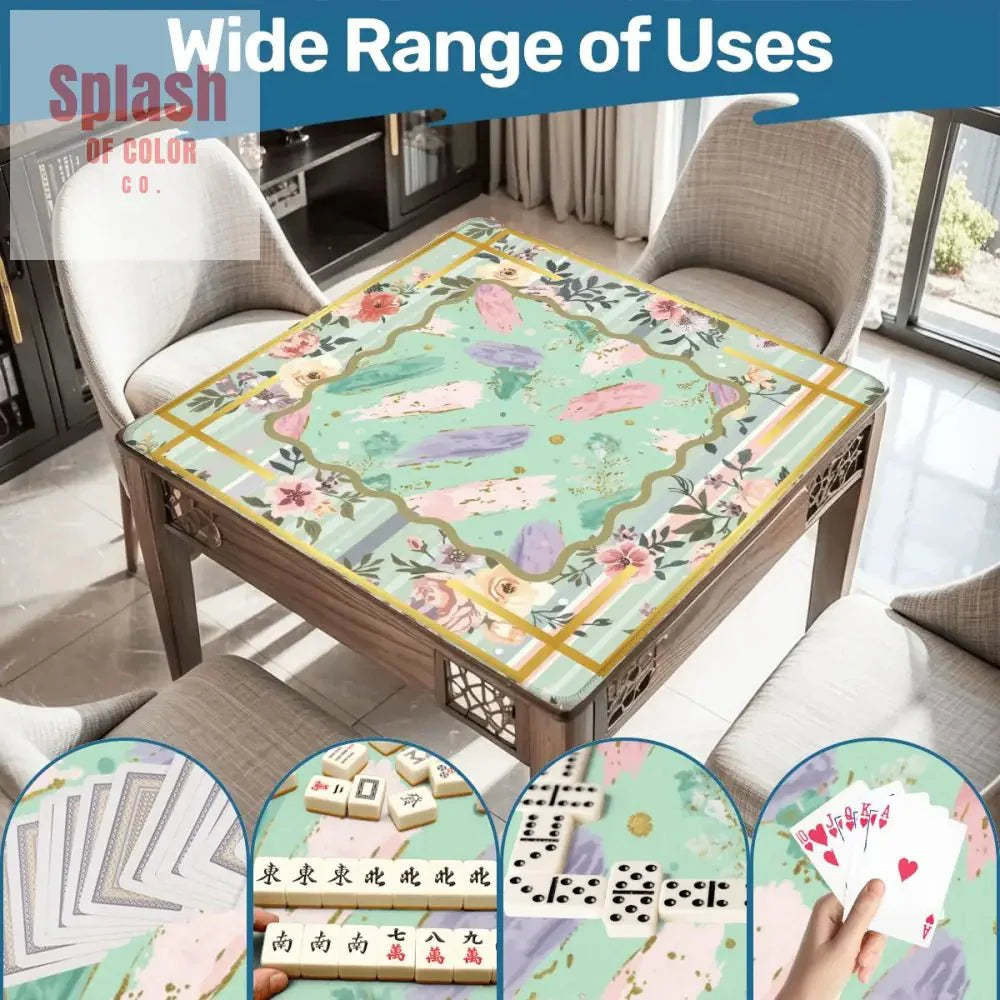 Pastel Preppy Floral, Abstract Watercolor Green, Pink Gold Accented Mahjong Mat