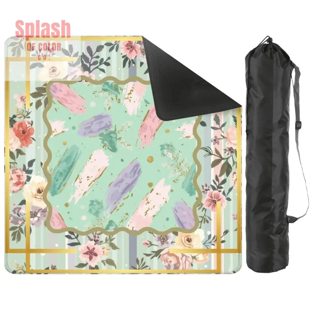 Pastel Preppy Floral, Abstract Watercolor Green, Pink Gold Accented Mahjong Mat