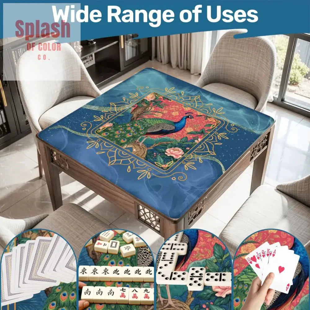 Peacock Elegant Marbled Blue, Chinoiserie Asian Garden Mahjong Mat