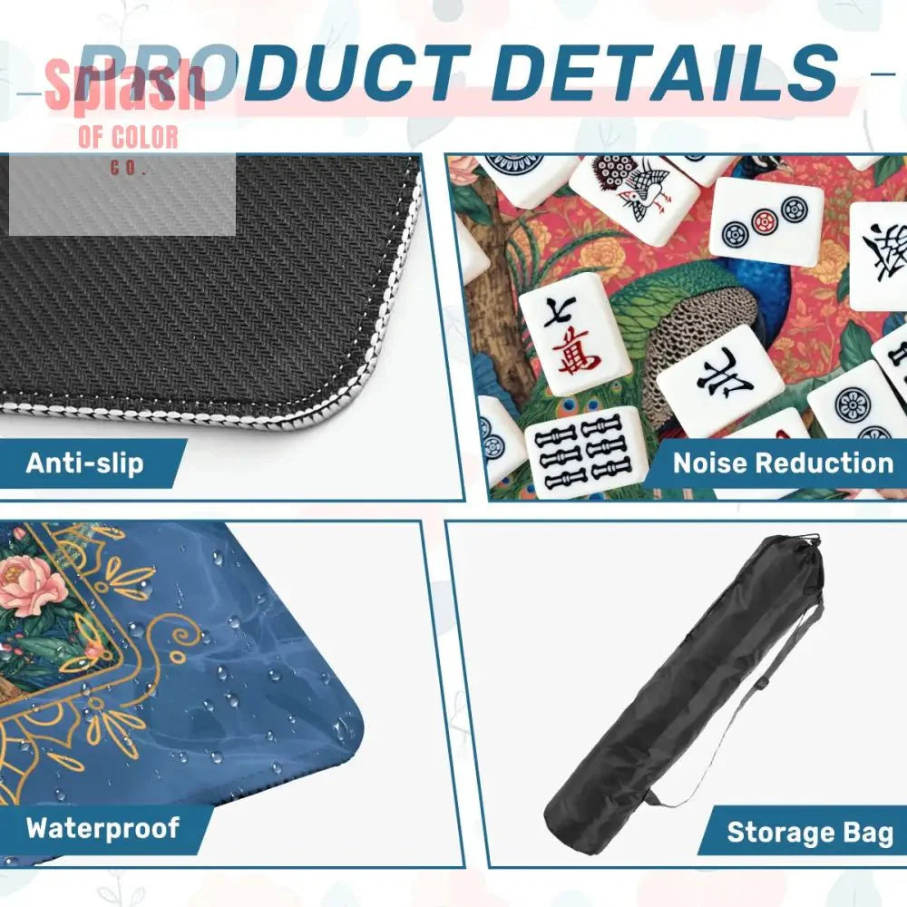 Peacock Elegant Marbled Blue, Chinoiserie Asian Garden Mahjong Mat